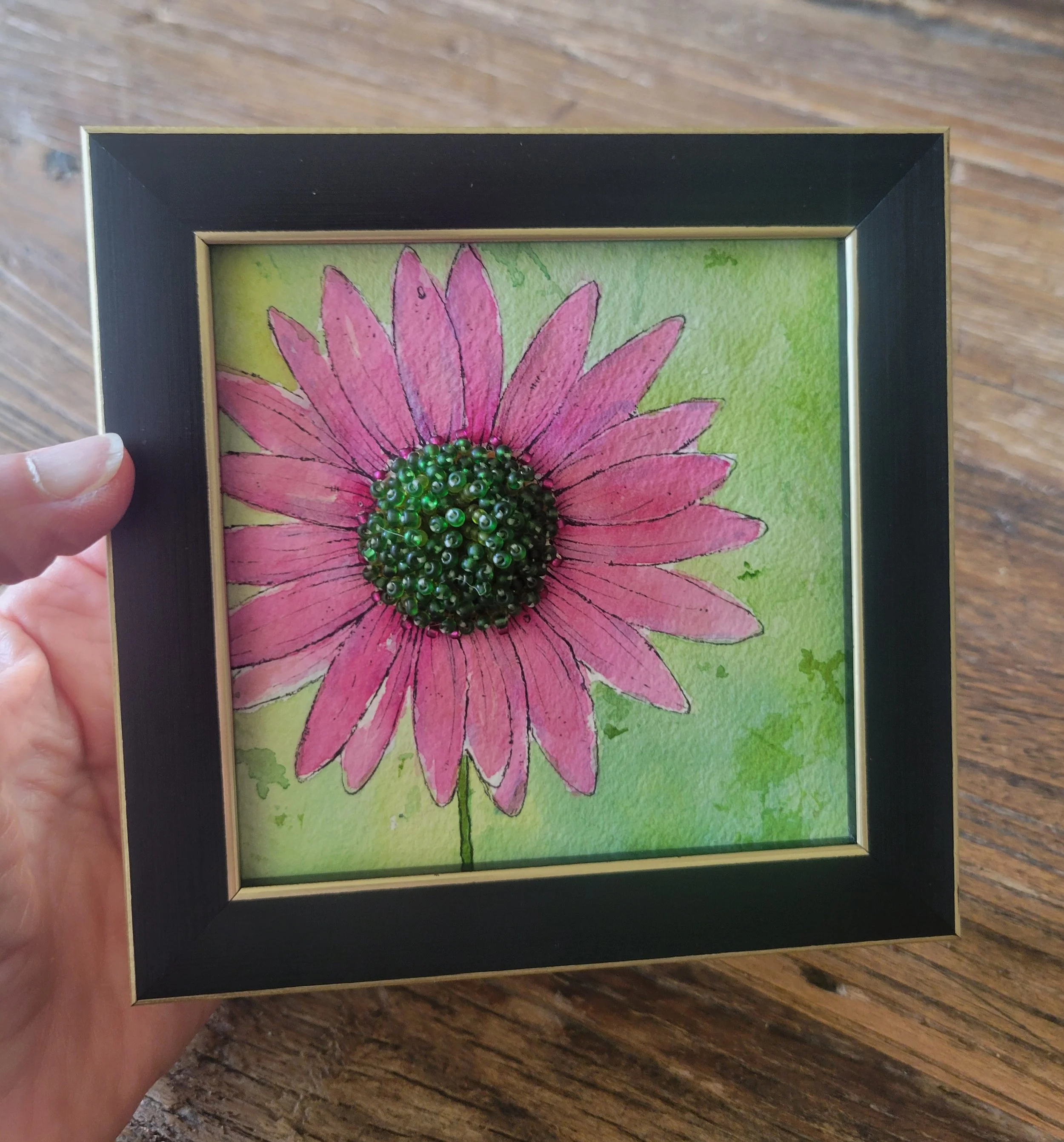Beaded Flower 5" x 5" x 1" framed. $35