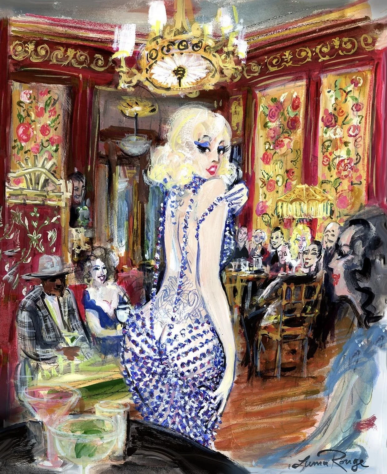 A lively, colorful painting of a glamorous drag queen in a sparkly, blue and purple dress with a low back, surrounded by a lively crowd in a decorated, ornate vintage-style restaurant or lounge with floral wallpaper and chandelier lighting.