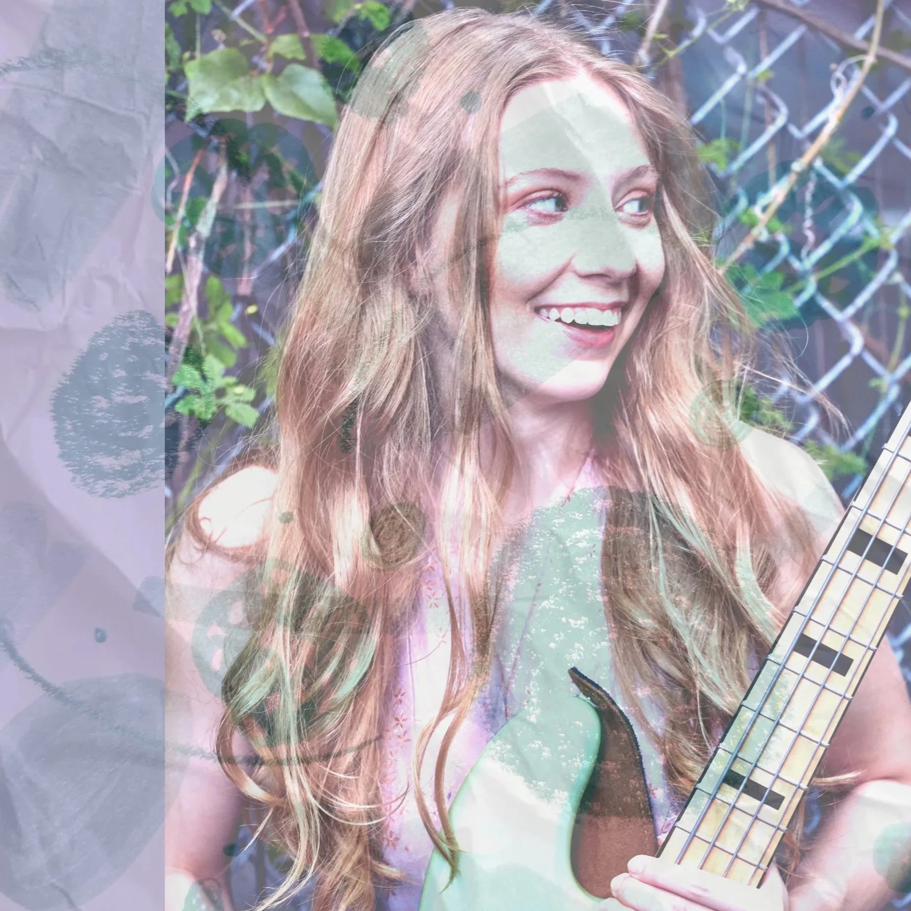 A young woman with long, curly hair smiling and playing an electric guitar outdoors.