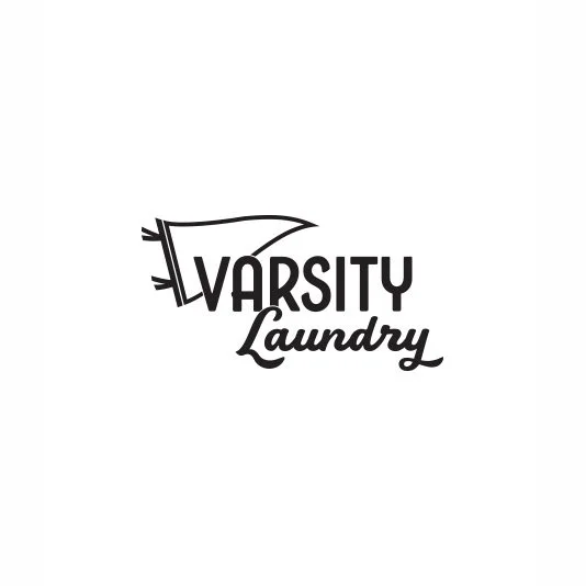 Logo for Varsity Laundry with a stylized laundry sheet and black text.