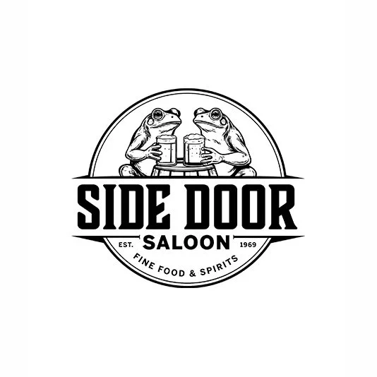 Logo for Side Door Saloon featuring two frogs holding beer mugs, with text indicating it was established in 1969, serving fine food and spirits.