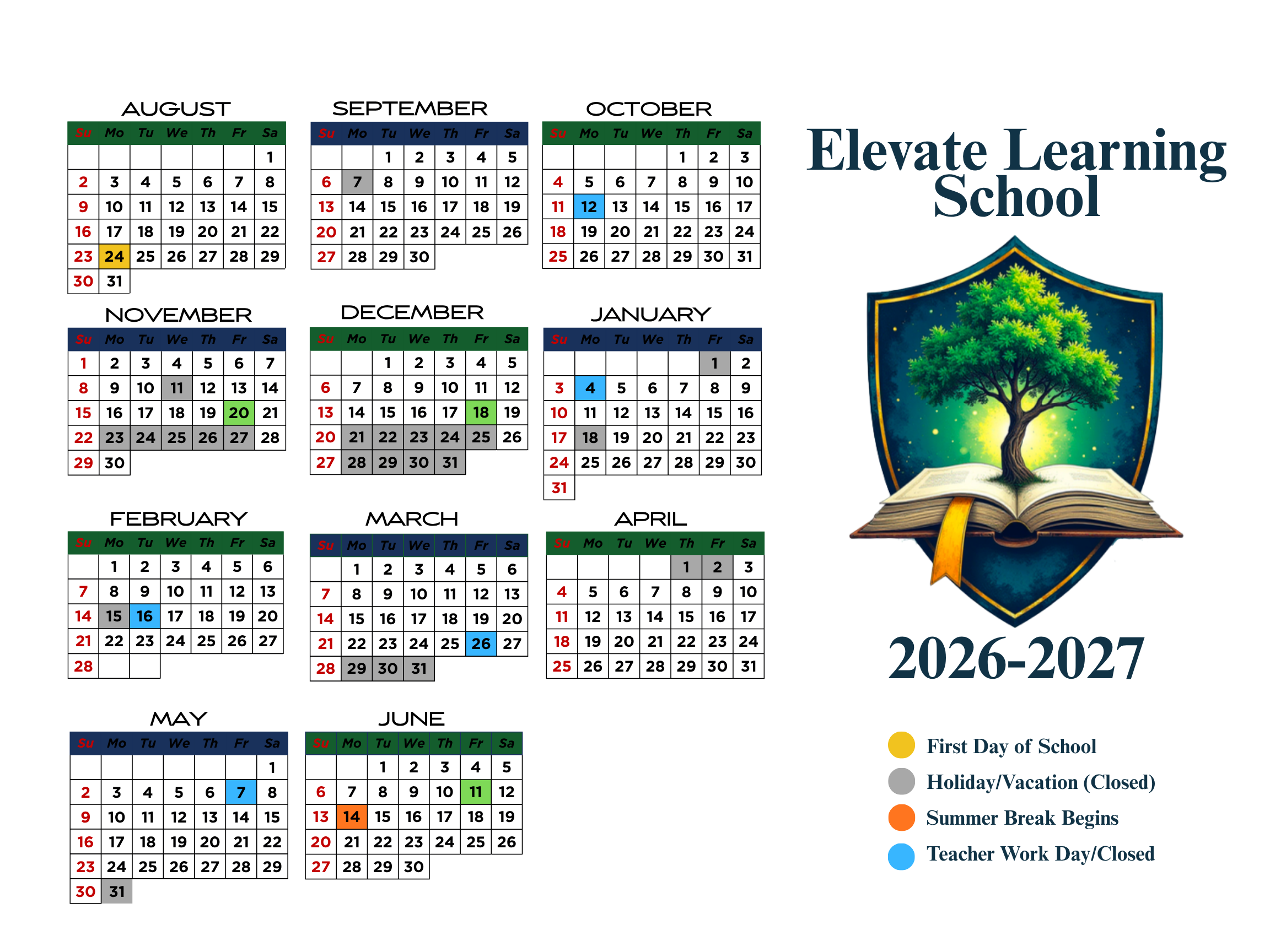 School calendar for Elevate Learning School for the 2026-2027 academic year, displaying months from August to June with marked events including the first day of school, holidays, summer break start, and teacher work days. The calendar includes a legend indicating yellow for the first day of school, gray for holidays/vacation, orange for summer break, and blue for teacher work days.