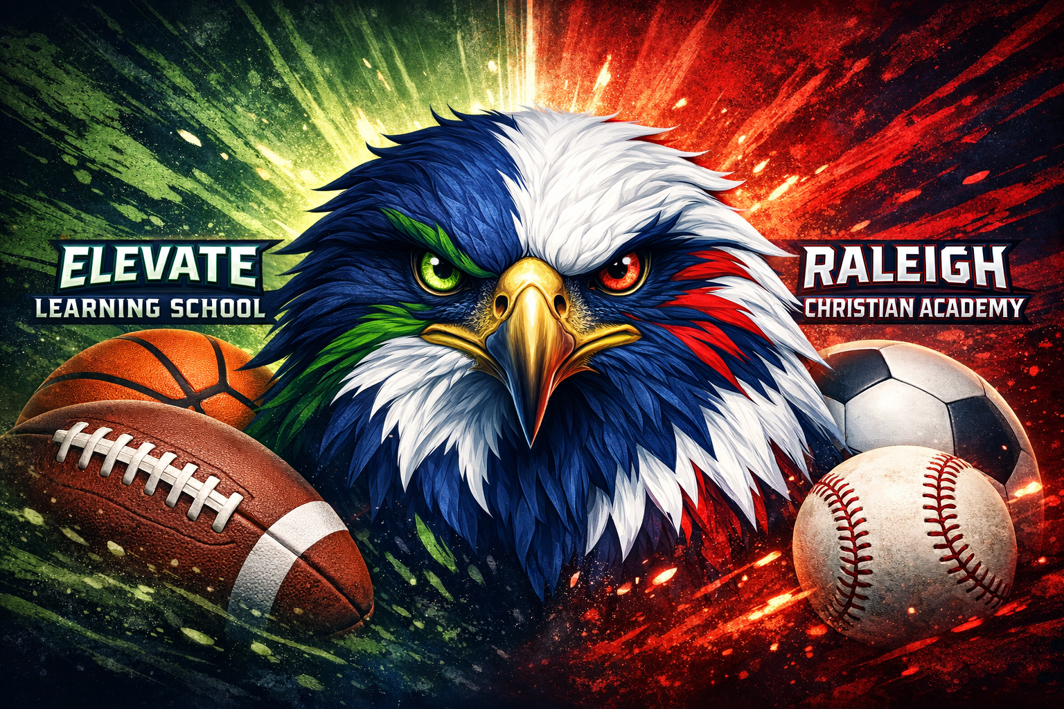 A colorful graphic featuring an eagle's face with a background split into green and red halves, with a basketball, football, baseball, soccer ball and volleyball surrounding the eagle, and the text "Elevate Learning School" on the left and "Raleigh Christian Academy" on the right.