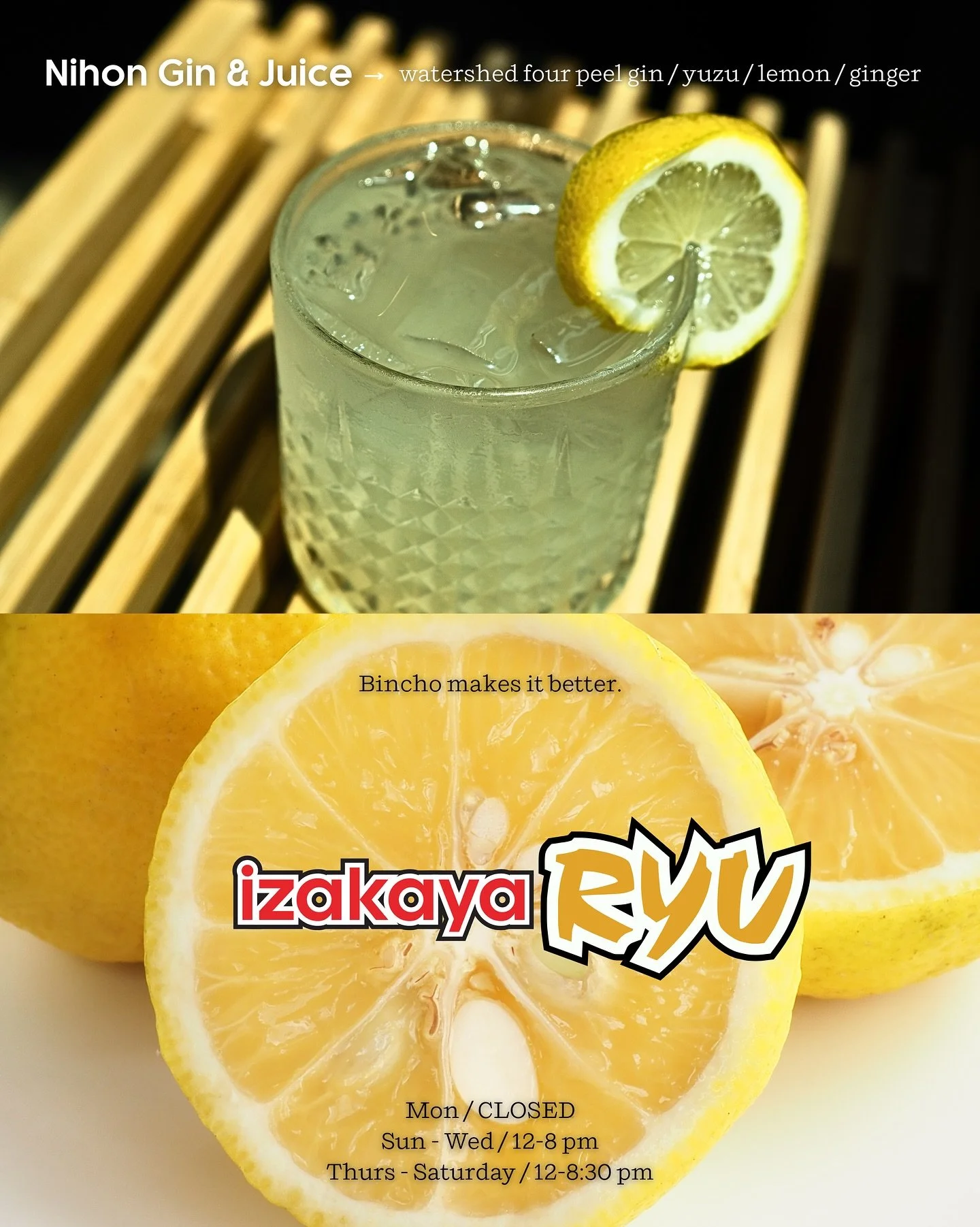 ✨Sip into something refreshing✨

Our Nihon Gin &amp; Juice is a crisp blend of @watersheddistillery Four Peel Gin, yuzu, lemon, and ginger! The perfect balance of bright citrus and smooth botanicals🍋🍸

Bincho makes it better. 🔥
Stop by and taste t