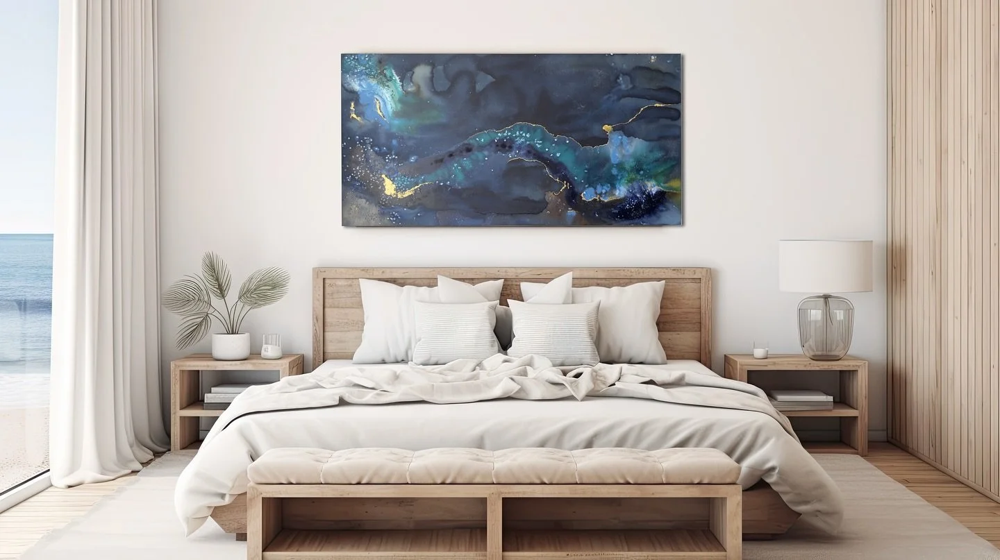 Held by the Tide
48&rdquo; x 24&rdquo; | cyanotype, ink, salt, gold leaf

A meditation on quiet force &mdash; where water gathers, light fractures, and each mark is shaped by salt and sun. No two tides the same.

This piece will be showing at the Ham
