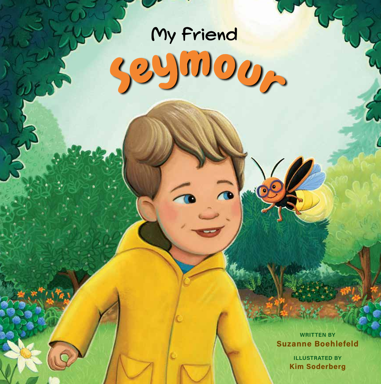 Young boy out in the yard in a yellow raincoat talking to a firefly