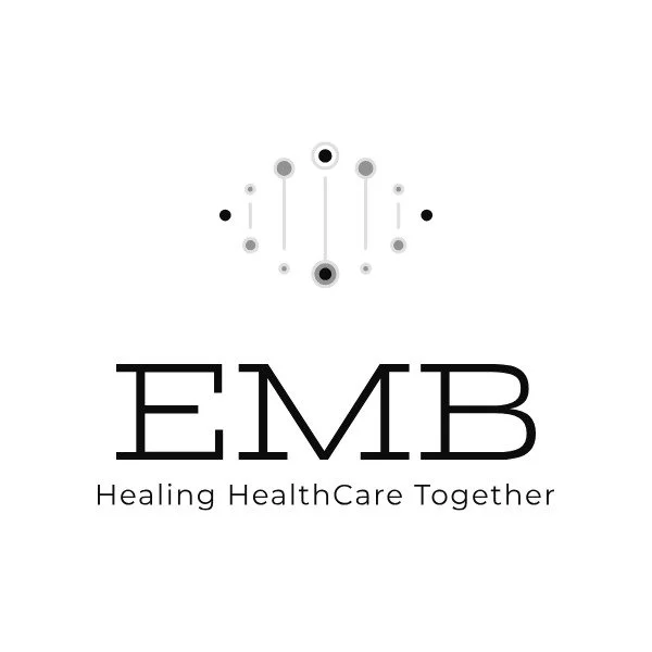Logo with an abstract icon of dots and lines above the text 'EMB Healing Healthcare Together' in black