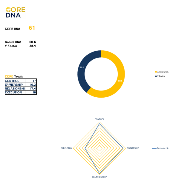 A slide showing a donut chart and a radar chart related to core DNA factors in a business, with data labels and color coding.