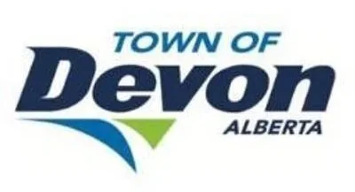 Town of Devon Alberta logo with text and graphic elements in blue and green