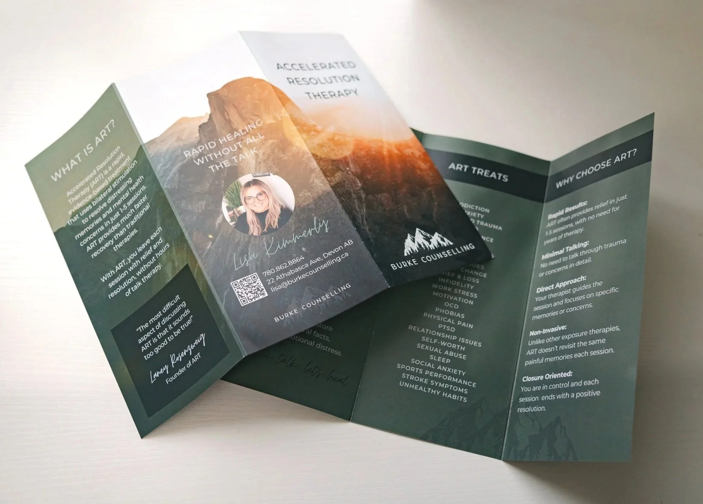 Tri-fold brochure for Burke Counselling about art therapy, featuring a mountain landscape background, include sections explaining what art is, why choose art therapy, and benefits, with a photo of Lisa Kimberly and contact information.