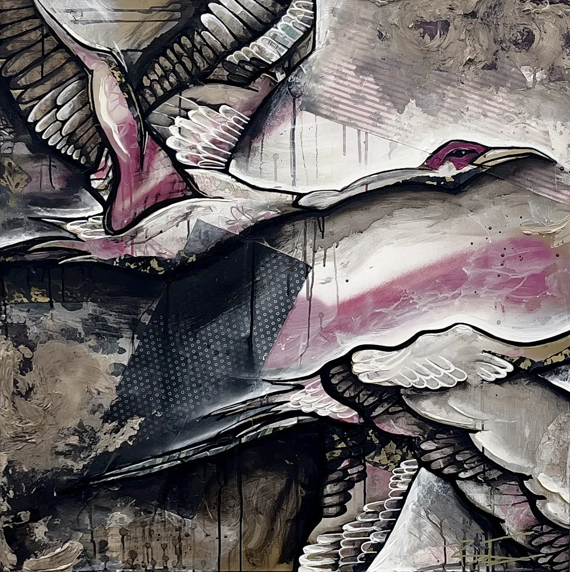 Abstract painting featuring a pop art style with stylized white wings, pink and grey tones, and expressive brushstrokes and drips, creating a layered and textured composition.