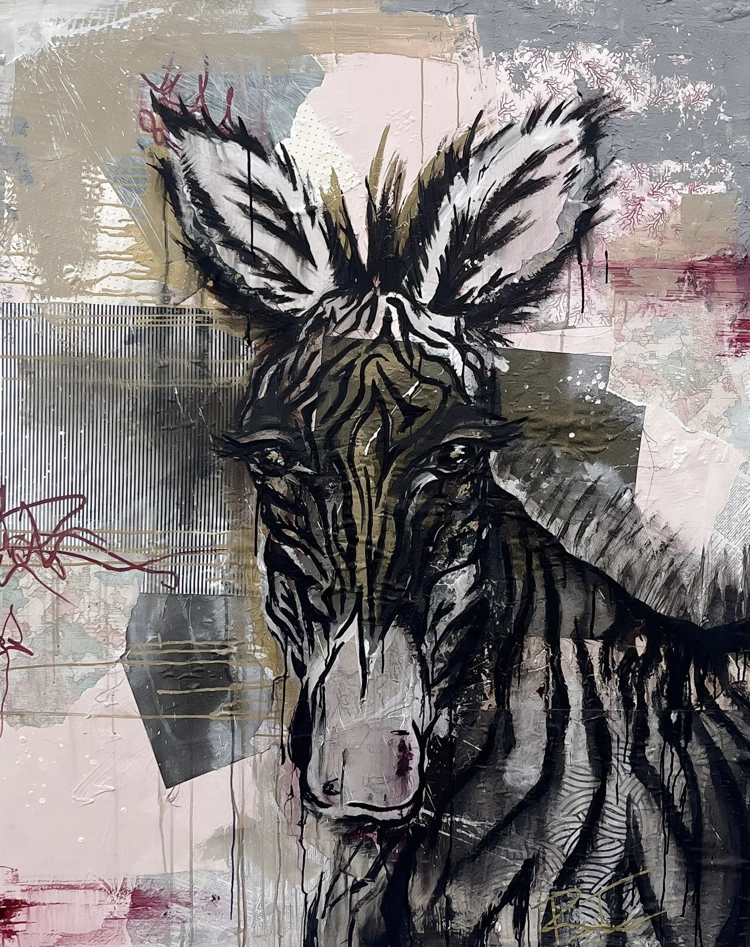Abstract street art mural depicting a black and white zebra with large wings, painted on a textured wall with various layered paint splatters, lines, and patterns in pink, gray, and cream colors.