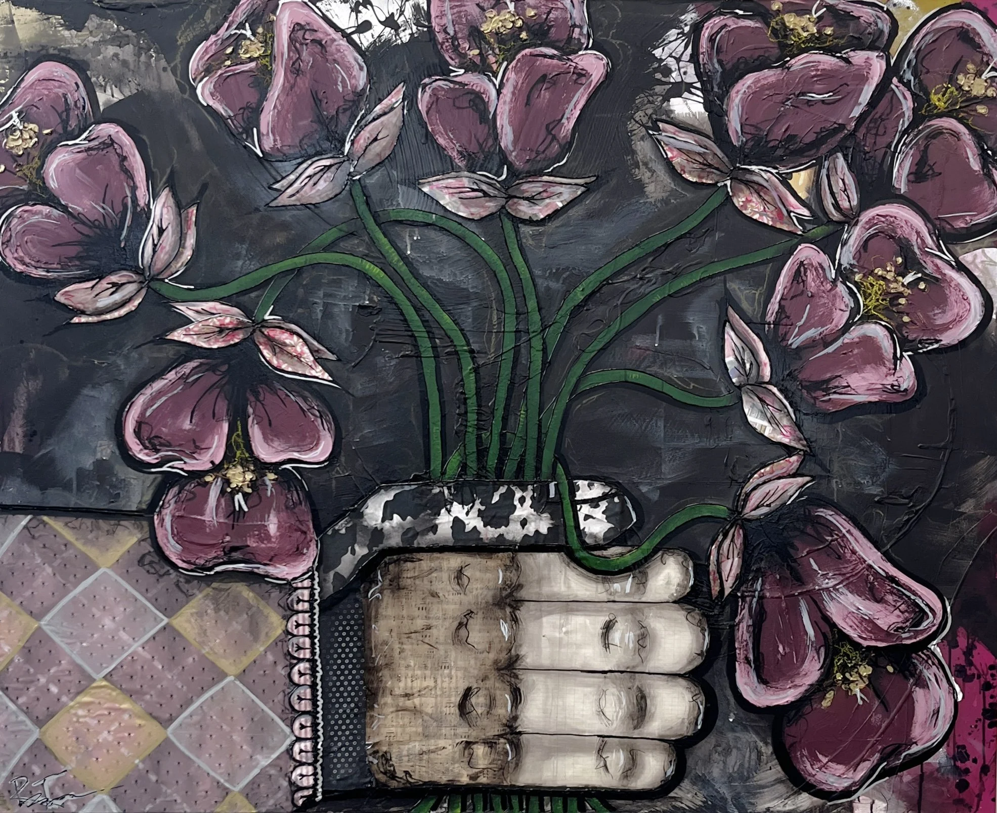Colorful painting of pink flowers with dark backgrounds and some gold accents, showing large blooms and green stems.