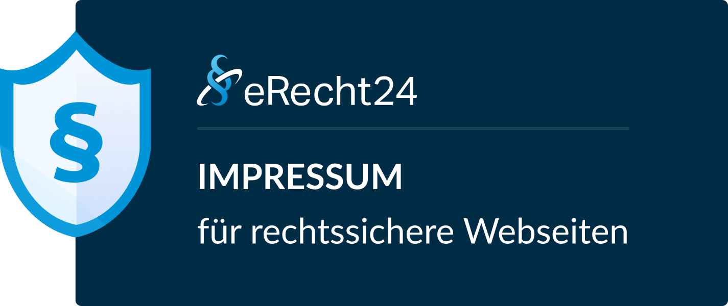 Das Bild zeigt ein Logo mit einem blauen Schild mit einem Paragraphen-Symbol, daneben der Schriftzug eRecht24. Darunter steht in Großbuchstaben 'IMPRESSUM' und in kleiner darunter 'für rechtssichere Webseiten'.