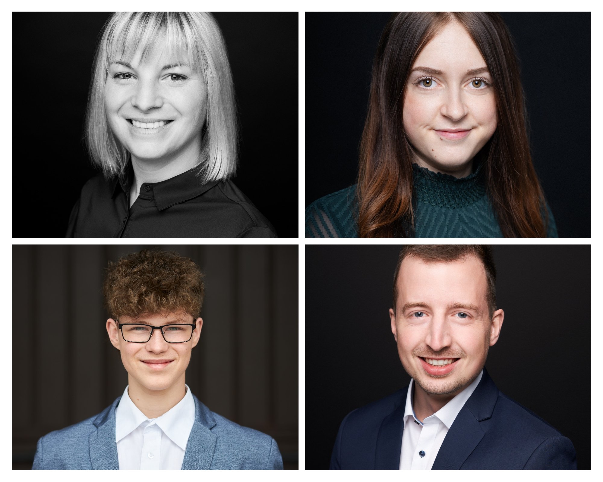 Collage aus vier Porträts von jungen Erwachsenen, zwei Frauen oben in Schwarz-Weiß, zwei Männer unten in Farbe, alle in professioneller Kleidung vor dunklem Hintergrund.