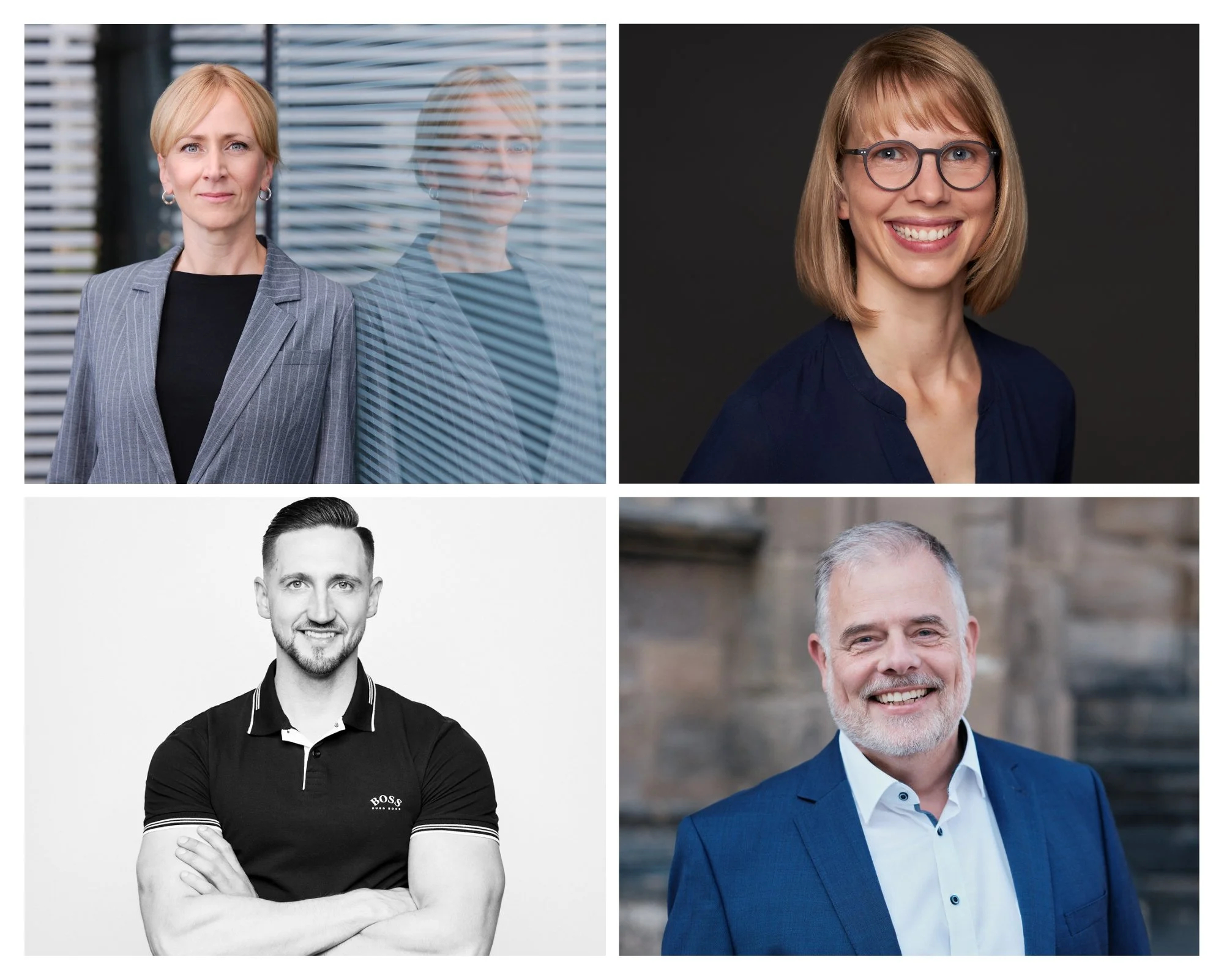 Vier Porträts von unterschiedlichem Geschlecht und Alter, professionell aufgenommen. Oberes links: Frau mit blonden Haaren in Anzug vor einem modernen Bürogebäude. Oberes rechts: Frau mit Brille und braunen Haaren, lächelnd vor dunklem Hintergrund. Unteres links: Schwarz-Weiß-Bild eines Mannes mit kurzen Haaren und Tattoos, lächelnd mit verschränkten Armen. Unteres rechts: Mann mit grauem Haar und Bart in einem blauen Anzug vor einem historischen Gebäude.