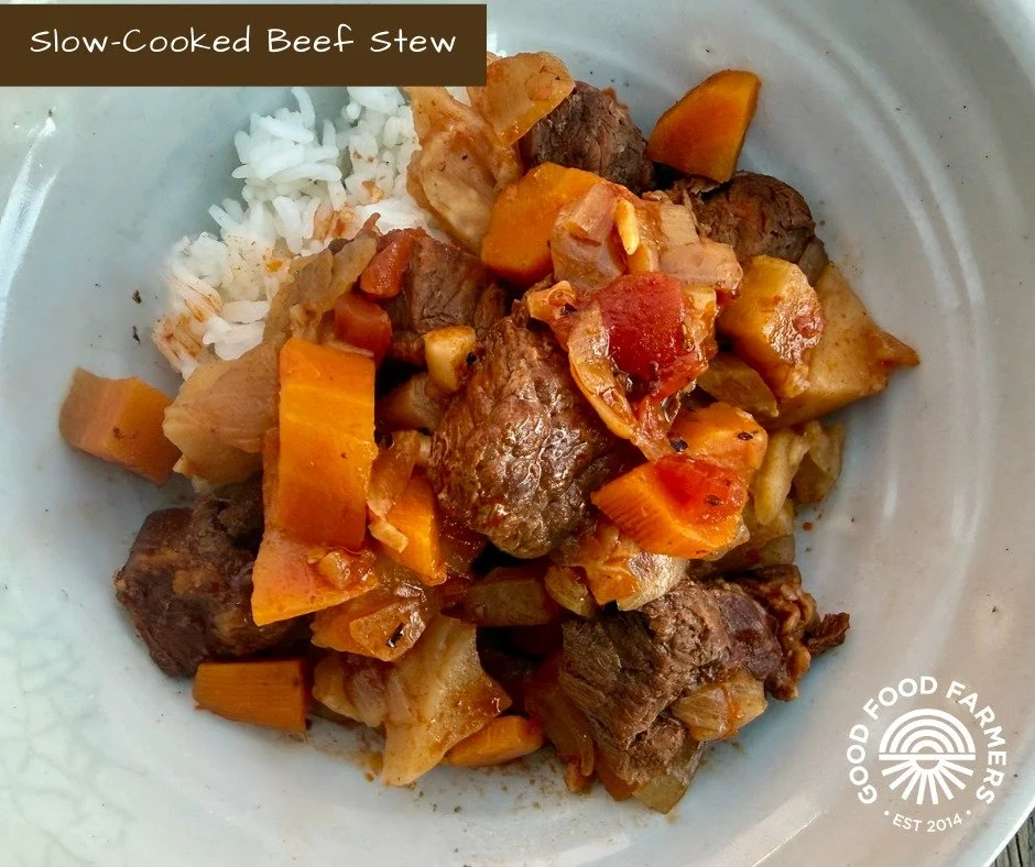 We&rsquo;re in the middle of a cold snap and hope you&rsquo;re keeping warm. Carolyn&rsquo;s recipe for slow-cooked beef stew uses wonderful root vegetables and ingredients that are all available in our store, including the stew meat from Dogwood Far