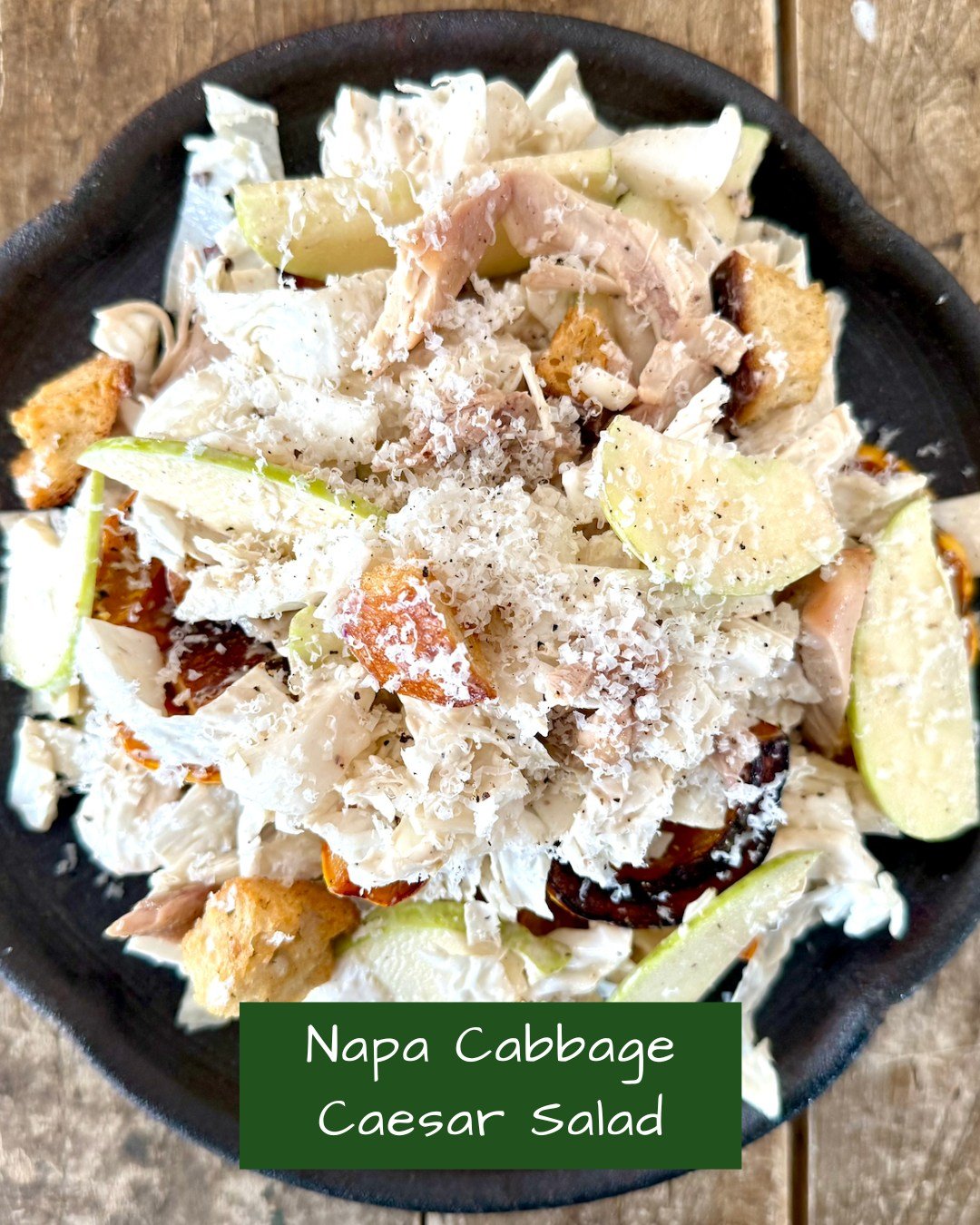 A refreshing, seasonal twist on the classic Caesar salad - made with ingredients available from our farmers. Swipe to see the ingredients and how to chop the apples and cabbage.

Here's Carolyn's recipe.
Ingredients
Salad:
1 medium head Napa cabbage,