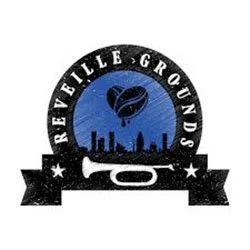 Logo with the text "Reveille Grounds," featuring a trumpet, city skyline, and heart-shaped symbol.