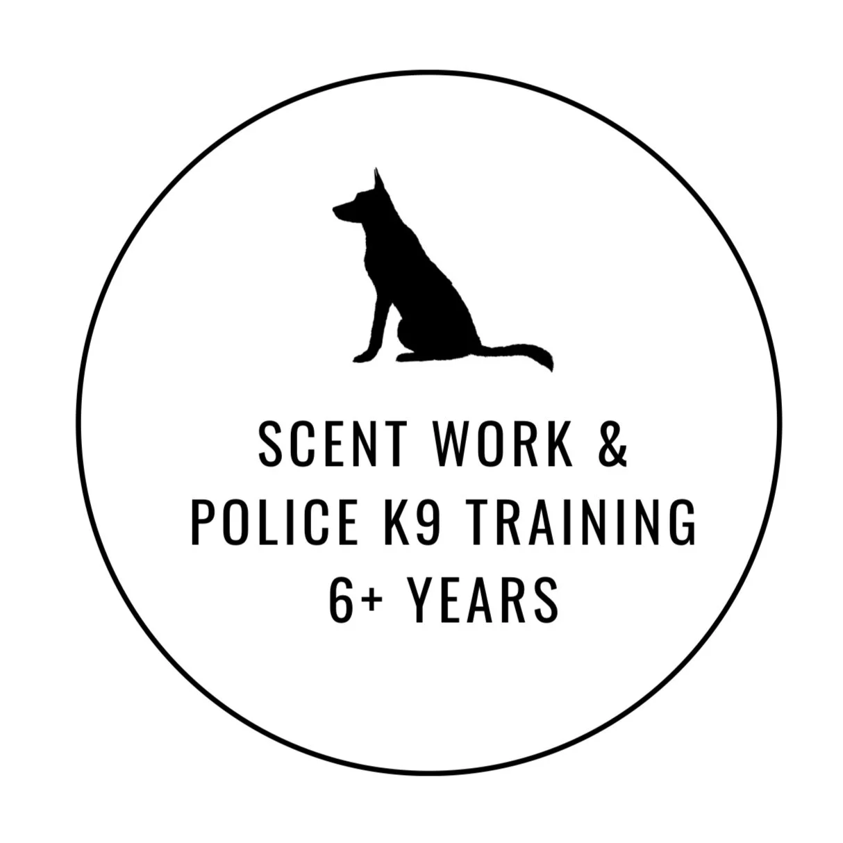 A circular logo with a silhouette of a police dog at the top and the text 'Scent Work & Police K9 Training 6+ Years' underneath.