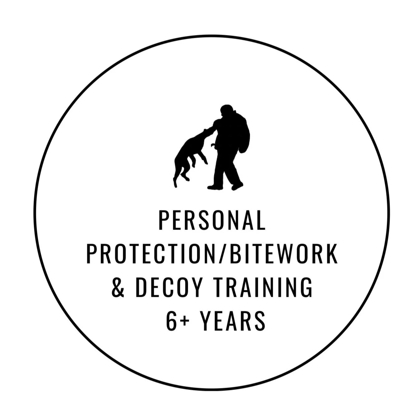 Circle logo with black silhouette of a person holding a dog on a leash, and a person walking with a backpack. Text reads 'Personal Protection/Bitework & Decoy Training 6+ Years'.