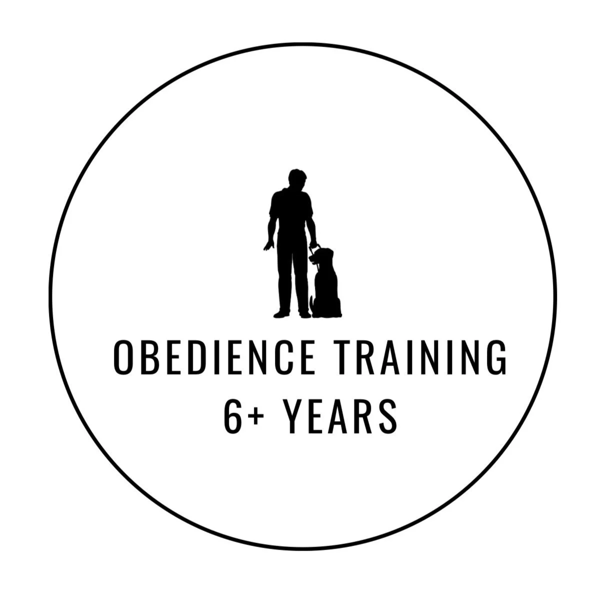Simplified logo for obedience training for dogs, with a silhouette of a person and a dog, and text indicating training age of 6 or more years.