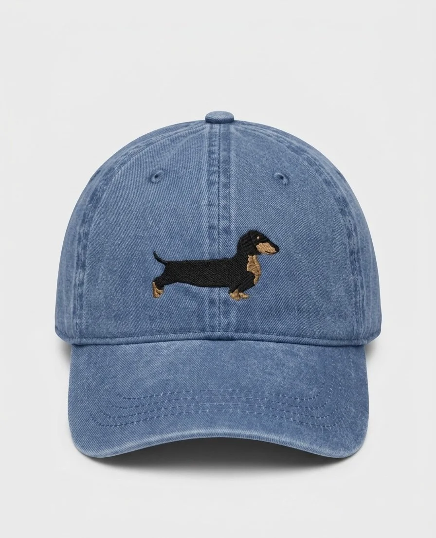 Dachshund Embroidered Baseball Cap Denim Blue