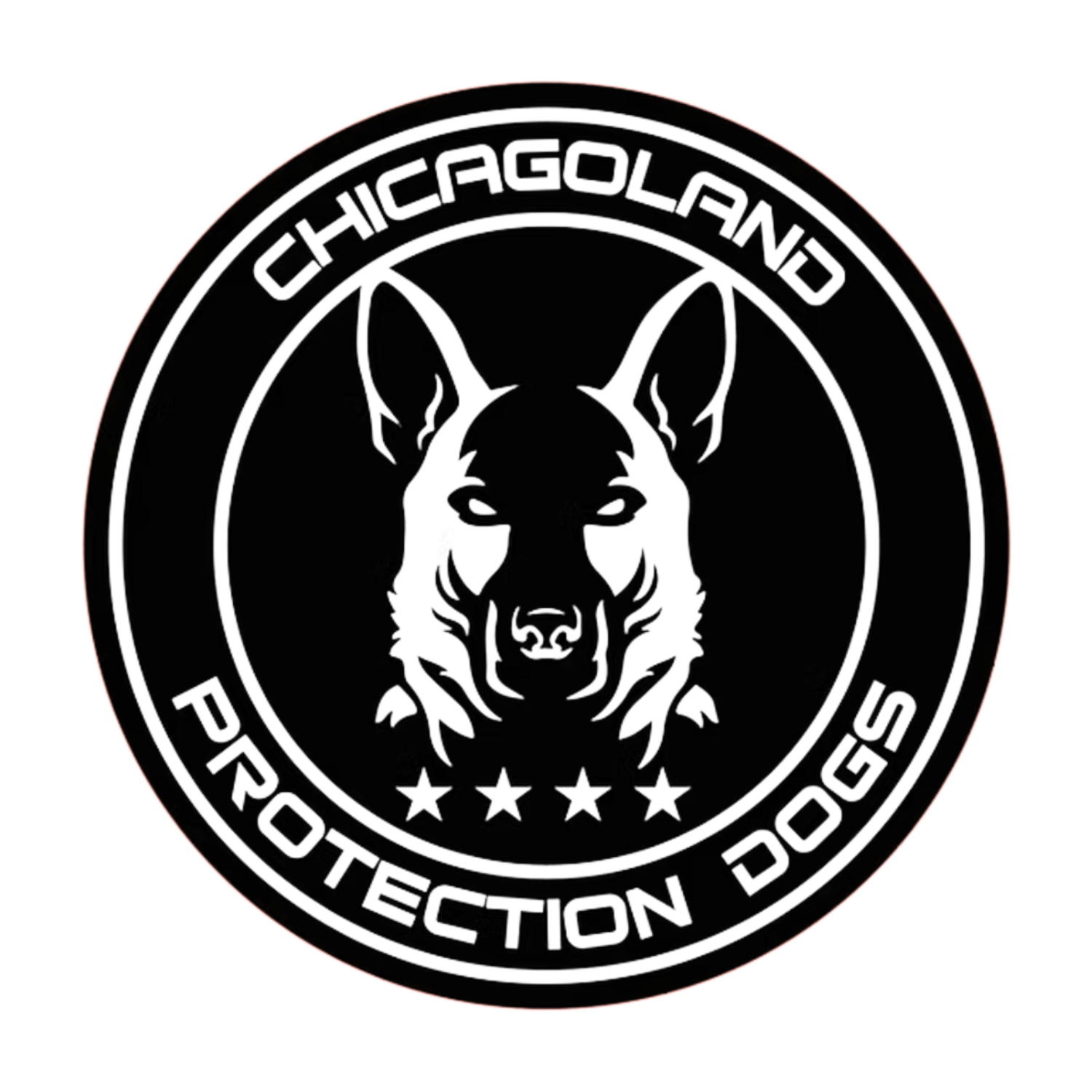 Logo of Chicagoland Protection Dogs featuring a German Shepherd's face with the company name around it, stars below, on a black background.