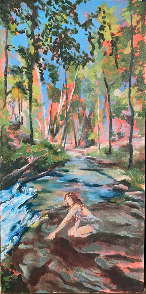 By the Creek, 2024, oil on canvas, 36 x 16 in.