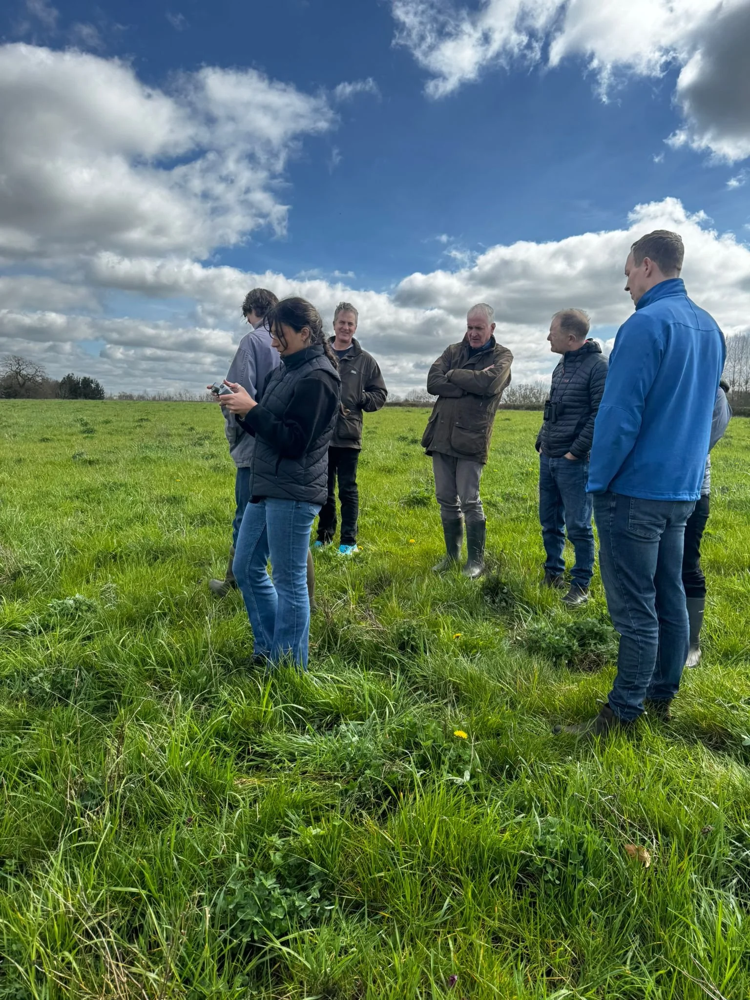 The Biofarm team visiting Rycote Farm stood in a field