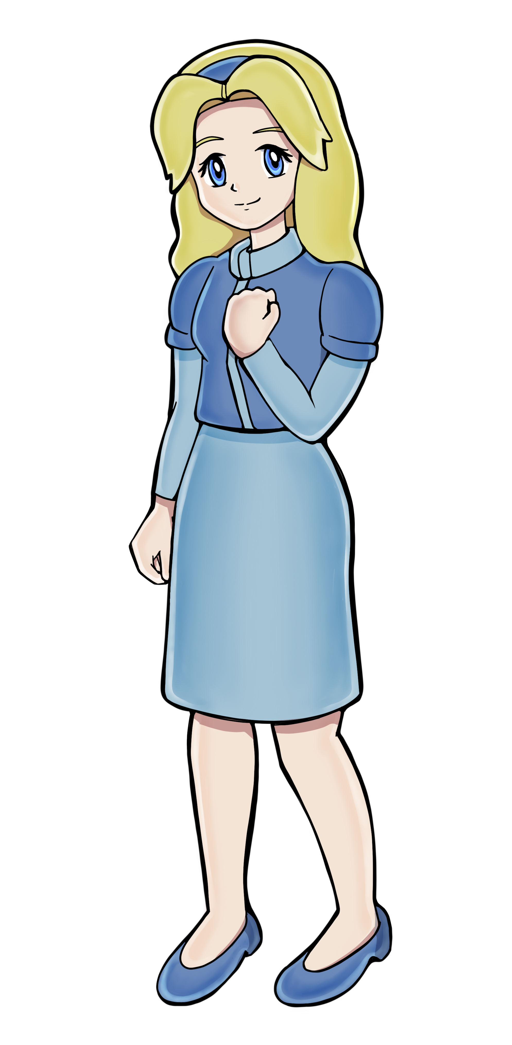Artwork of Maria Robotnik, a girl wearing a blue dress with golden hair and bright blue eyes.