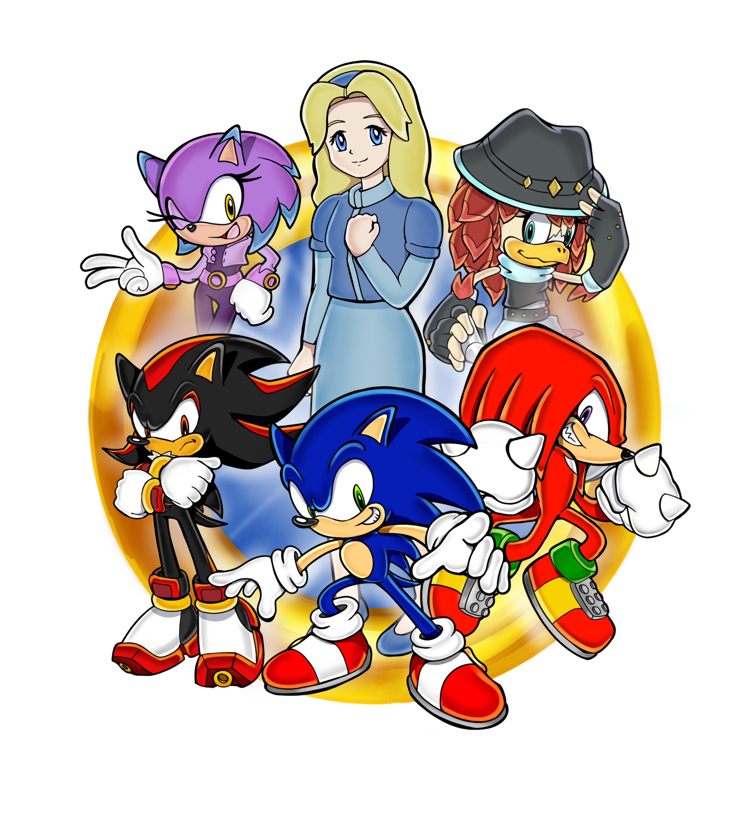 Cartoon artwork of the Gold Ring Agency members standing in front of big gold ring