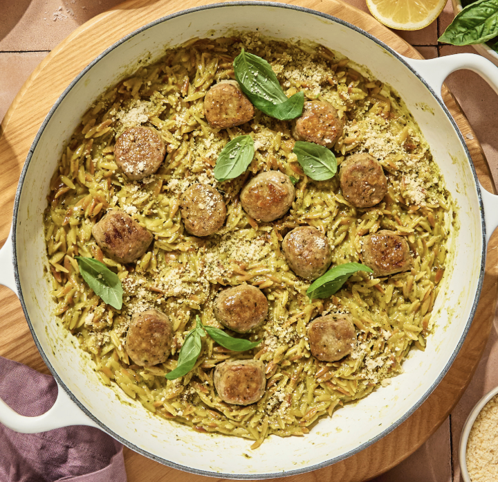 Pesto Orzo with Chicken Meatballs