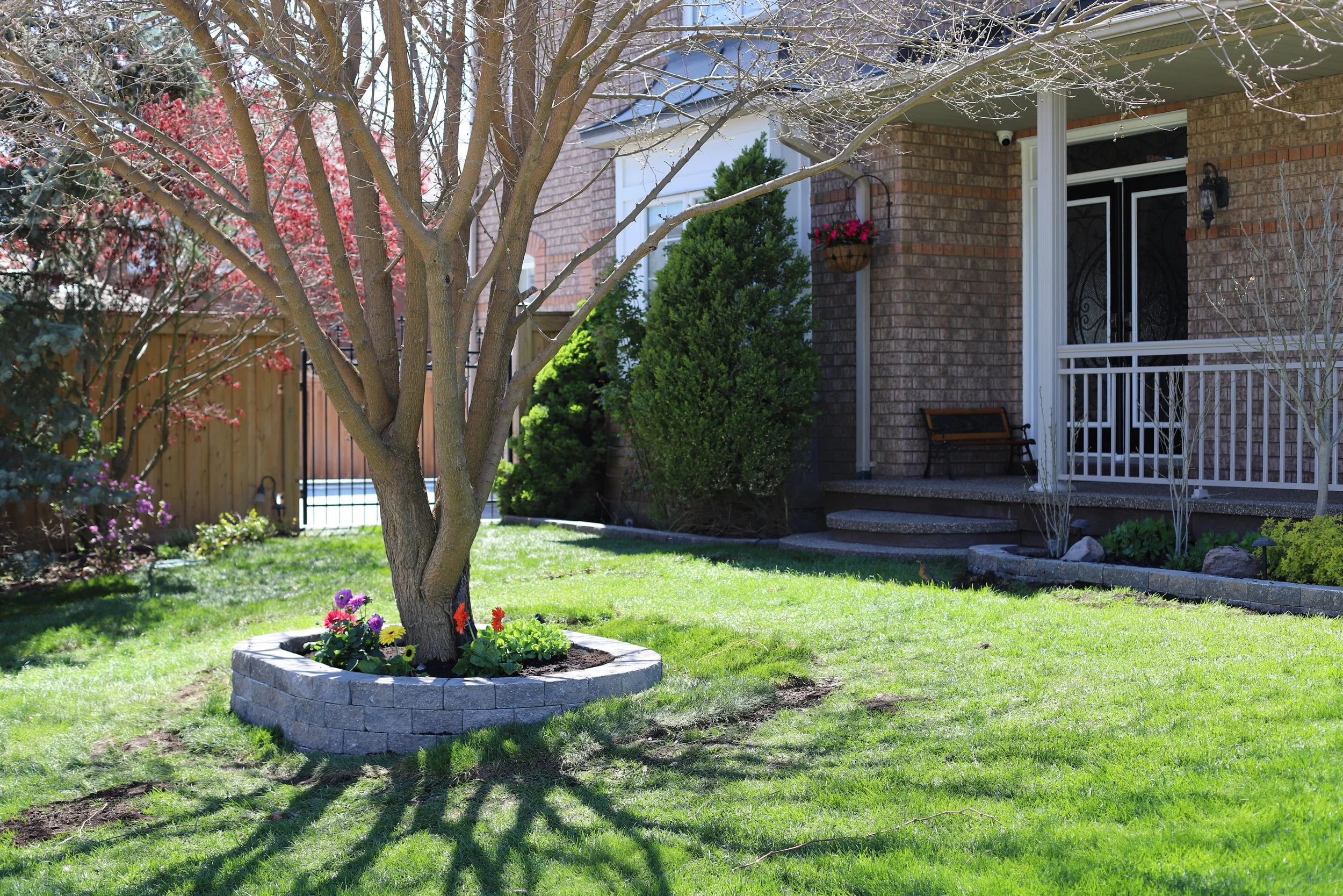 Front yard of a house with a tree surrounded by flowering plants, green grass, a wooden fence, and a small porch with a bench.