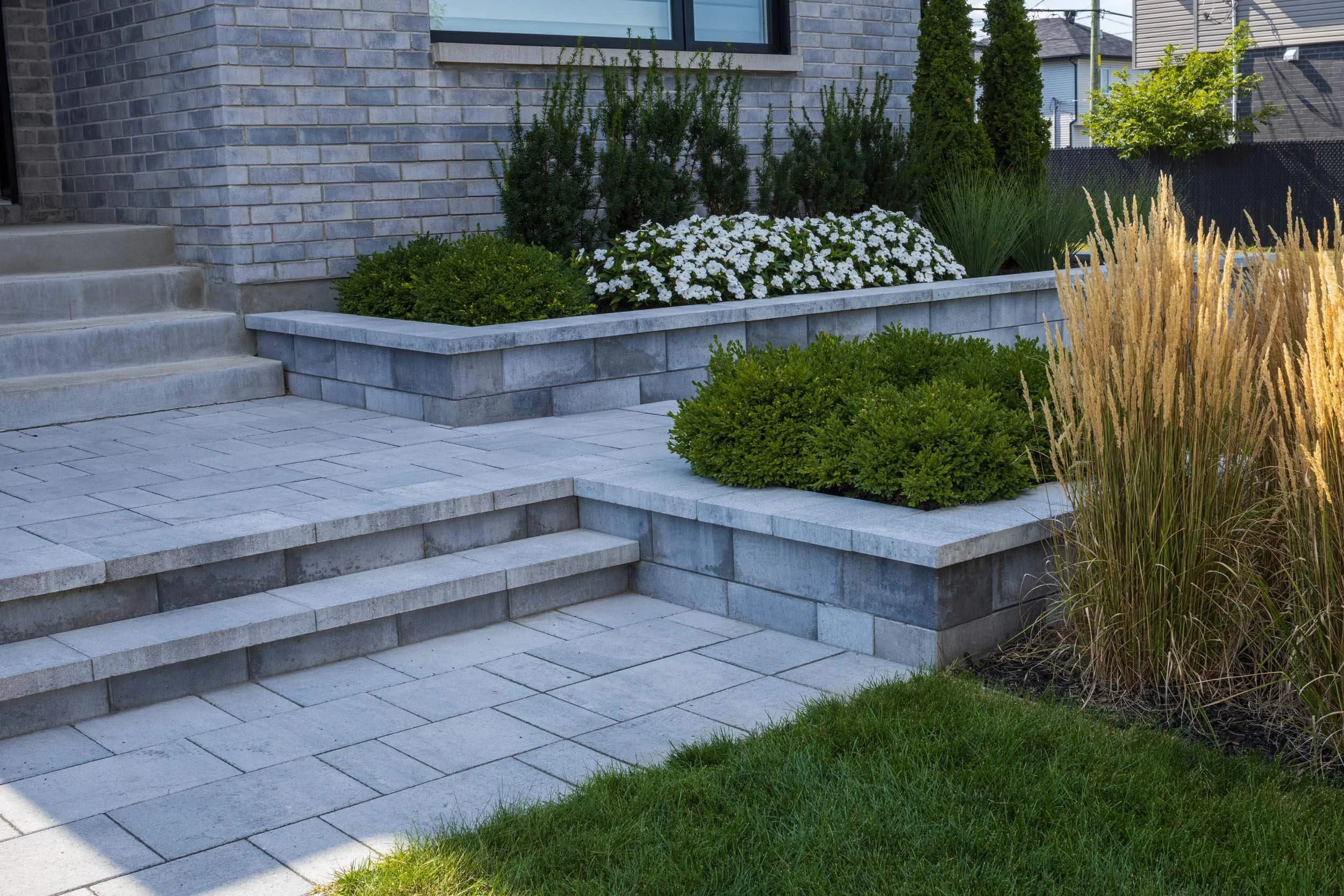 Modern landscaped front yard with concrete steps, decorative grasses, shrubs, and flowers against a brick house exterior.