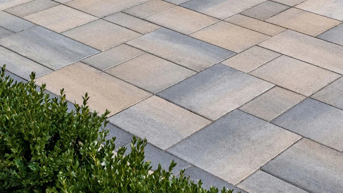 Gray and beige square stone tiles with green shrubbery