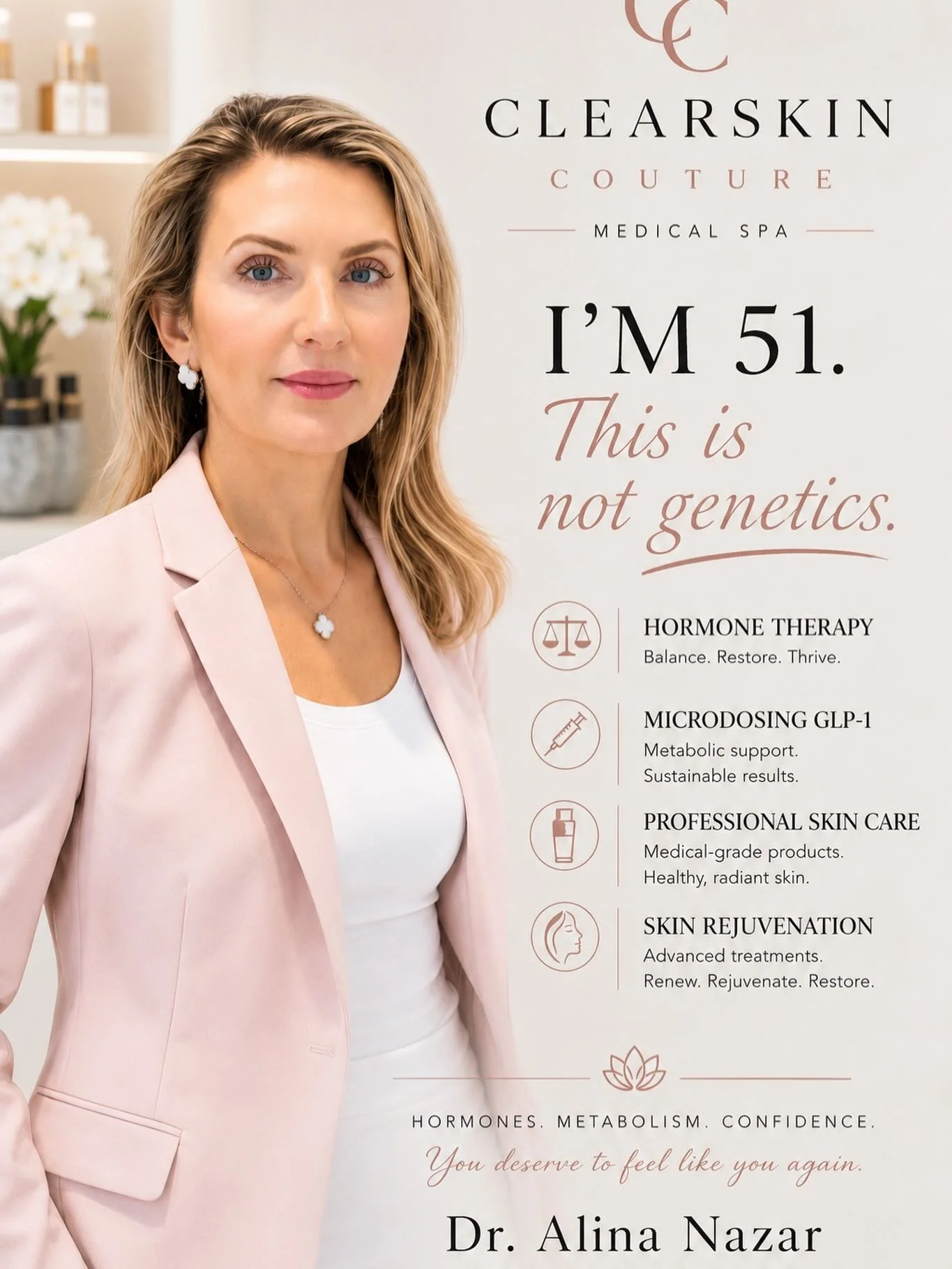 Hormone changes after 40 are real.

Fatigue. Weight gain. Brain fog. Sleep changes. Skin aging. Loss of muscle tone. Low confidence.

This isn&rsquo;t simply &ldquo;getting older.&rdquo;

As a menopause specialist, I help women optimize:&bull; Hormon