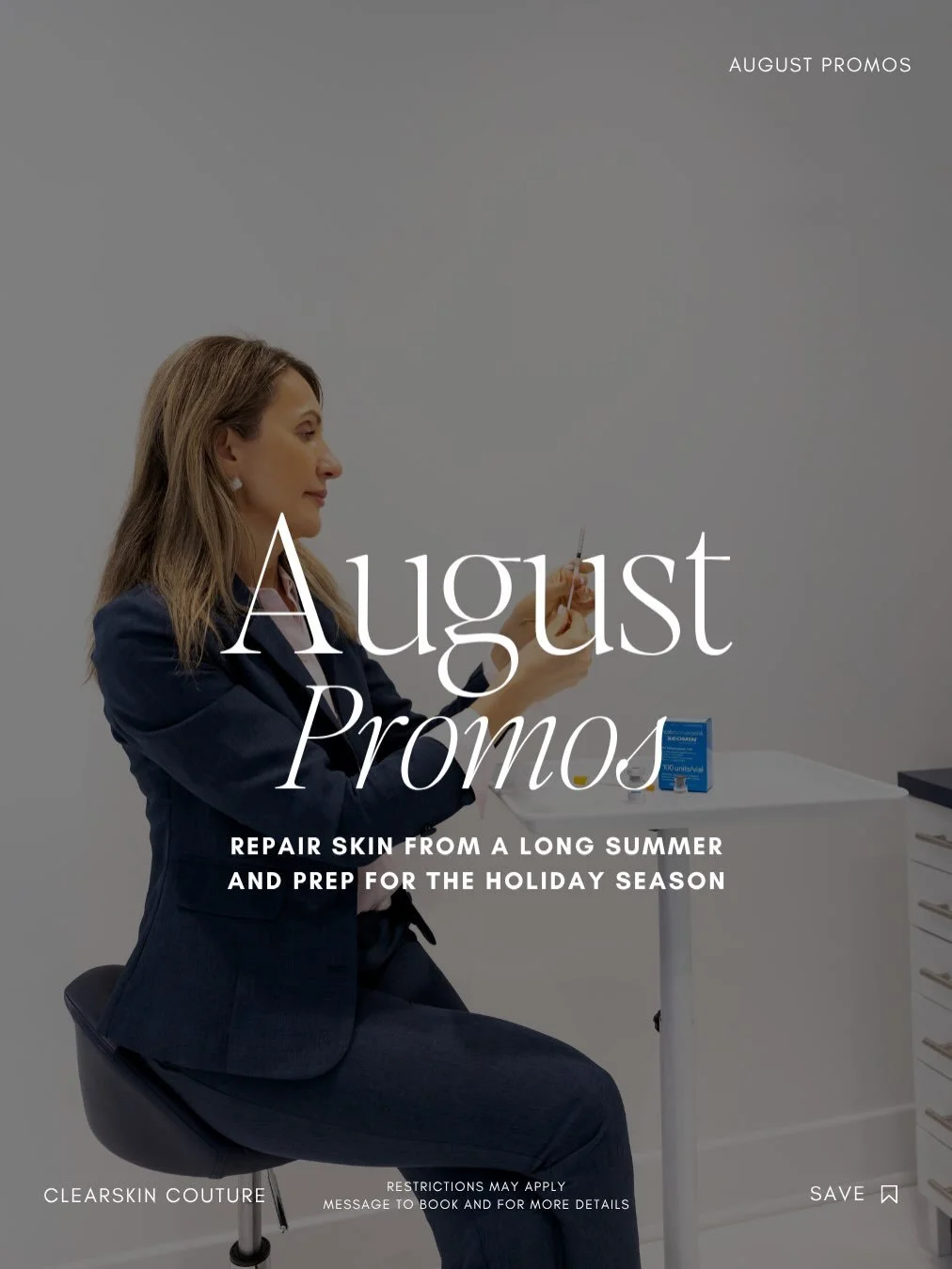Your favorite treatments are on sale for a limited time at Clearskin Couture.

Current Promotions:
&bull; Save 15% when you purchase 40 units or more of neurotoxin (Dysport, Letybo, or Xeomin)
&bull; Save $200 when you purchase two syringes of Sculpt