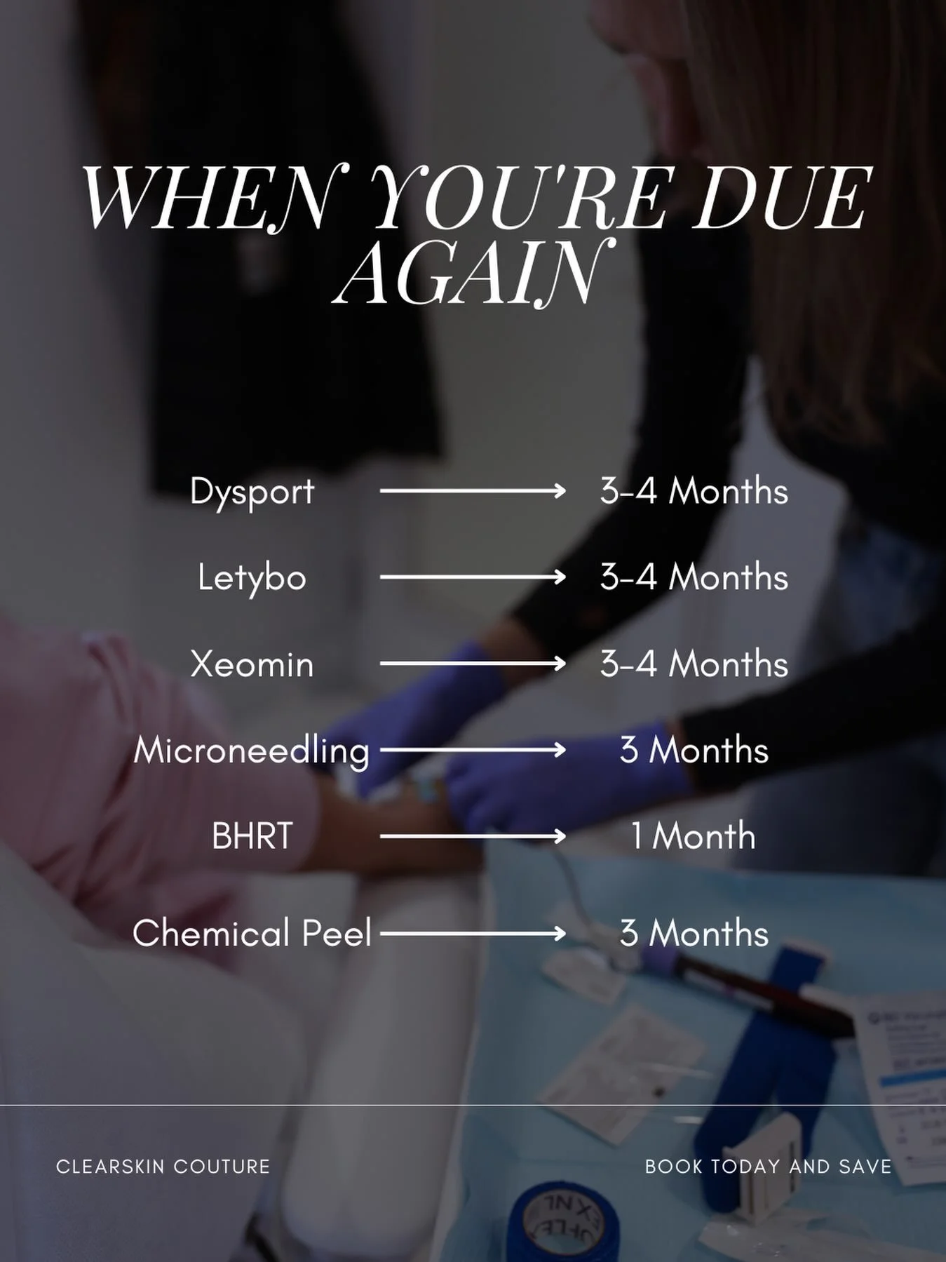 Consistency is what makes results last. Here&rsquo;s when to come back in for your next round, and remember, it&rsquo;s 20% off through Sunday if you book now. 

Questions about what you&rsquo;re due for? DM us. 🤍