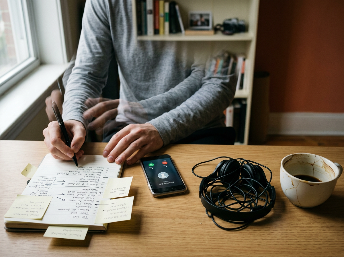 person anxious at desk working