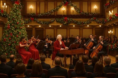 Orchestra performing Christmas concert in a decorated hall with Christmas tree and garlands
