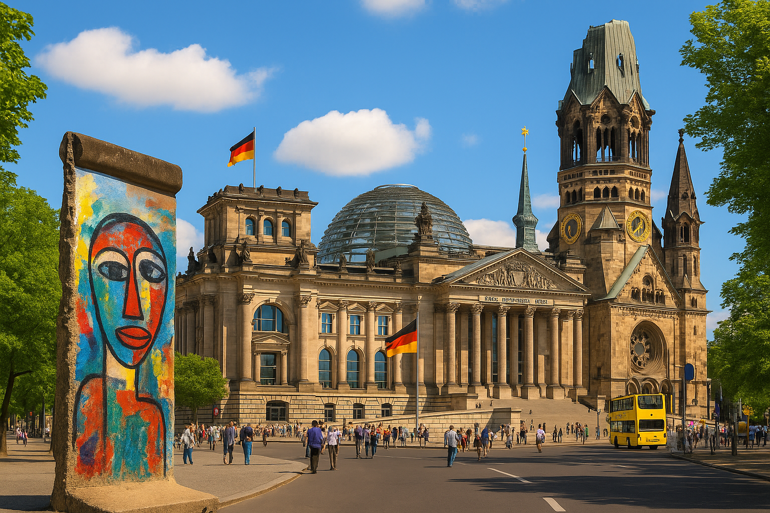 View of the Reichstag building in Berlin, Germany, with flags, a colorful mural, and people walking outside on a sunny day.