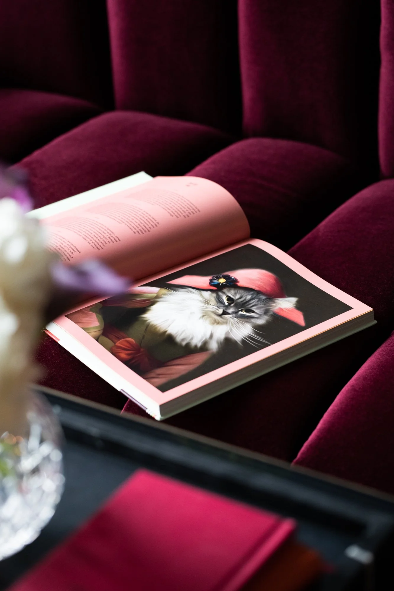 Open magazine featuring a large close-up photo of a fluffy cat with a pink background on a maroon sofa.