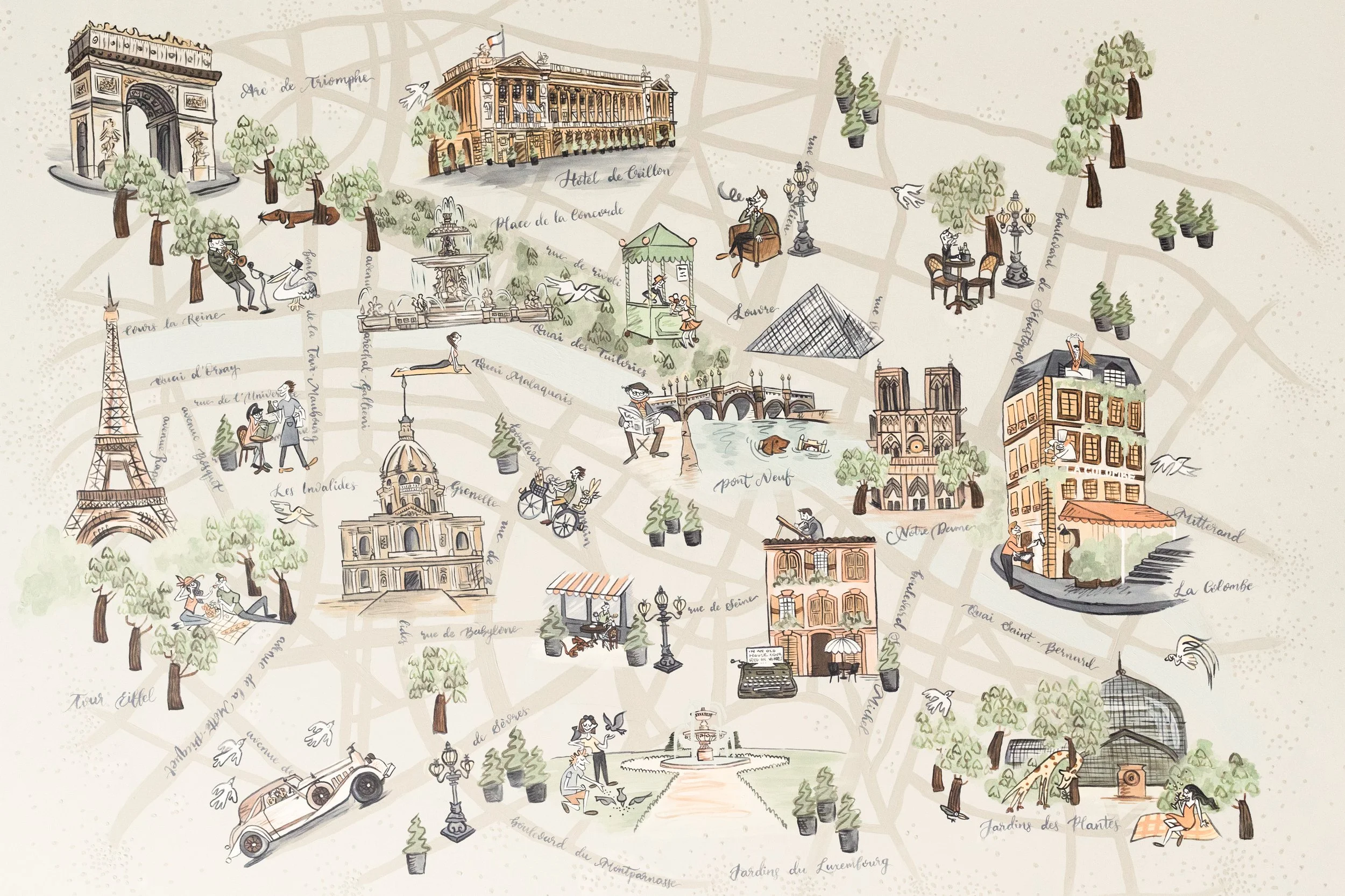 A whimsical illustrated map of Paris featuring landmarks such as the Eiffel Tower, Arc de Triomphe, Notre-Dame Cathedral, Louvre Museum, Sacré-Cœur, and Pont Neuf, with drawings of people, trees, fountains, and street scenes.