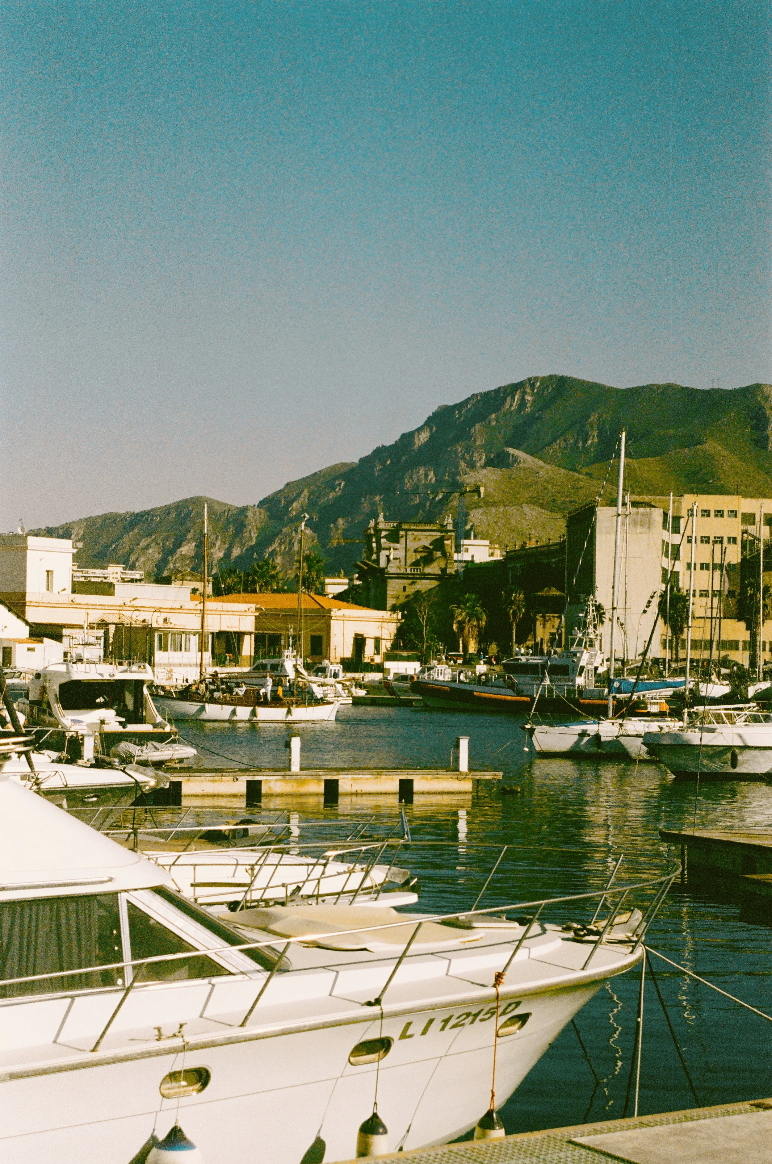 Boats docked at a marina with a mountain backdrop and buildings in the background.