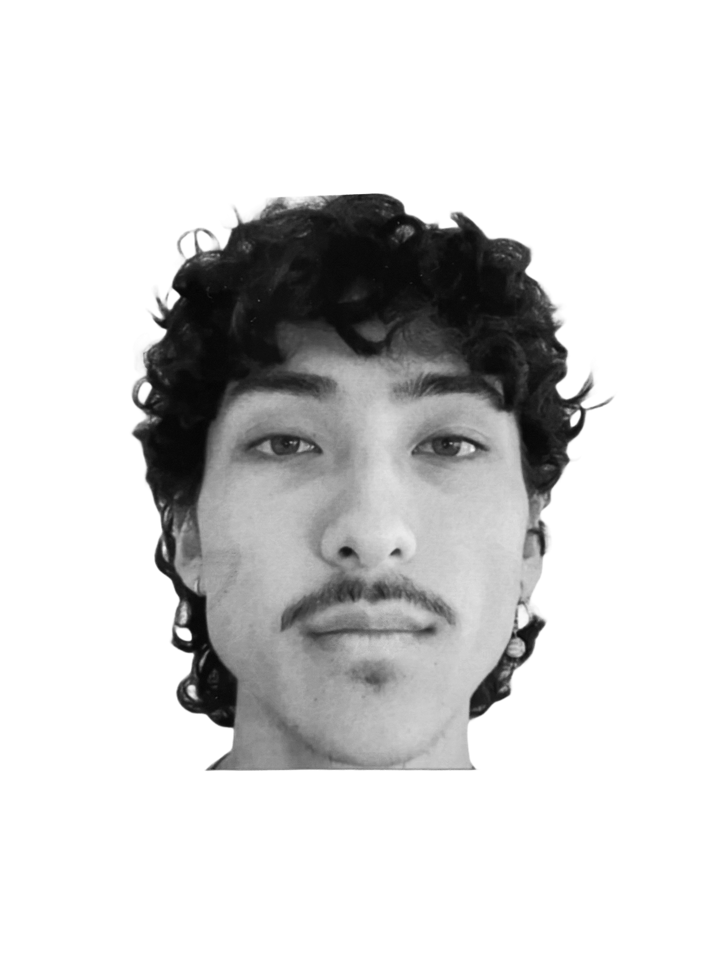 Black and white collage portrait of a man with long curly hair and a mustache, with the top of his head replaced by a pile of black grapes.