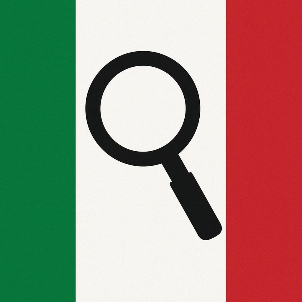 A black magnifying glass icon on an Italian flag background with green, white, and red vertical stripes.