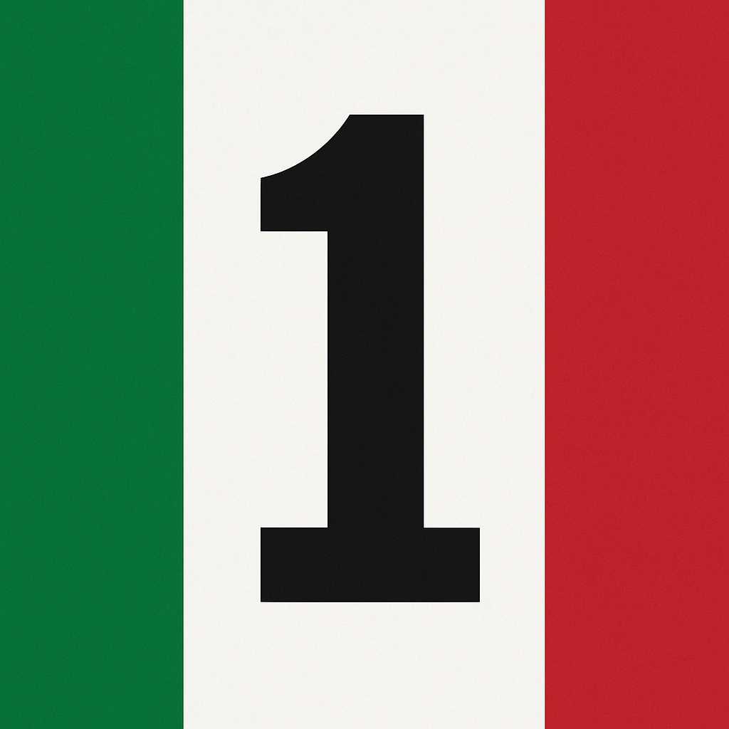 Number 1 on an Italian flag background with green, white, and red vertical stripes.