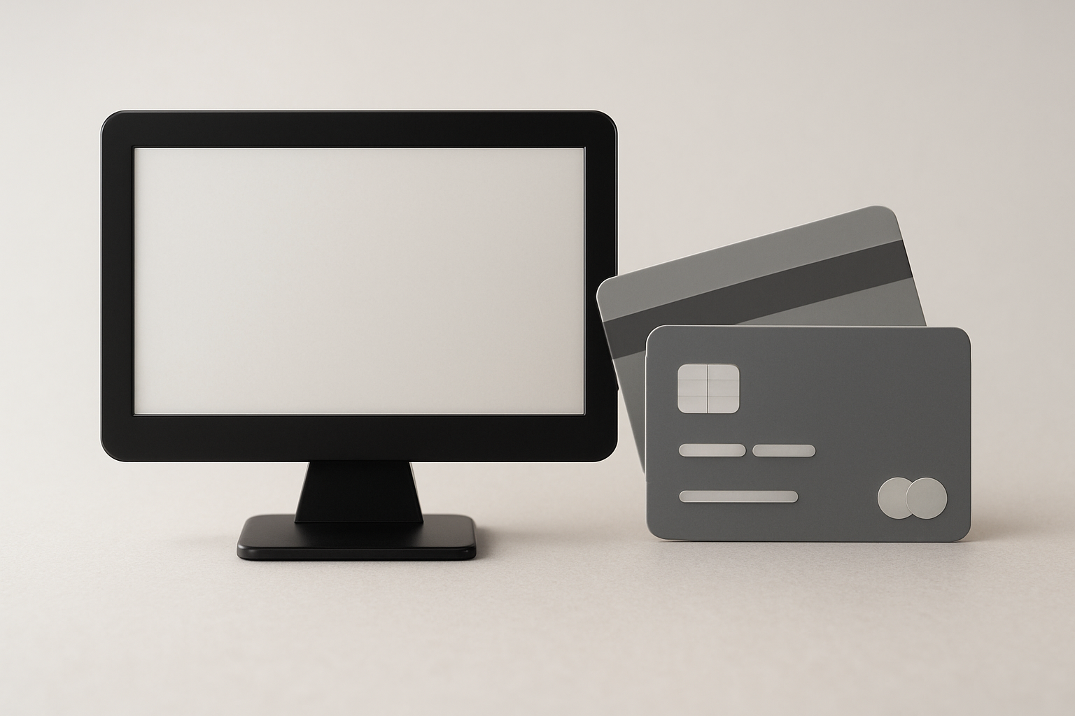 A black point-of-sale touchscreen monitor, two gray credit cards with chip and magnetic strip, and a logo that looks like a circle with a smaller circle inside, all arranged on a flat, neutral surface.