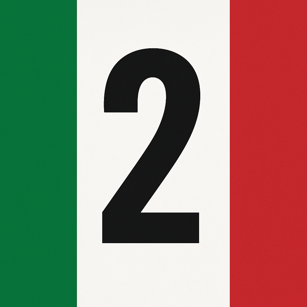 Number two on the Italian flag background with green, white, and red vertical stripes.